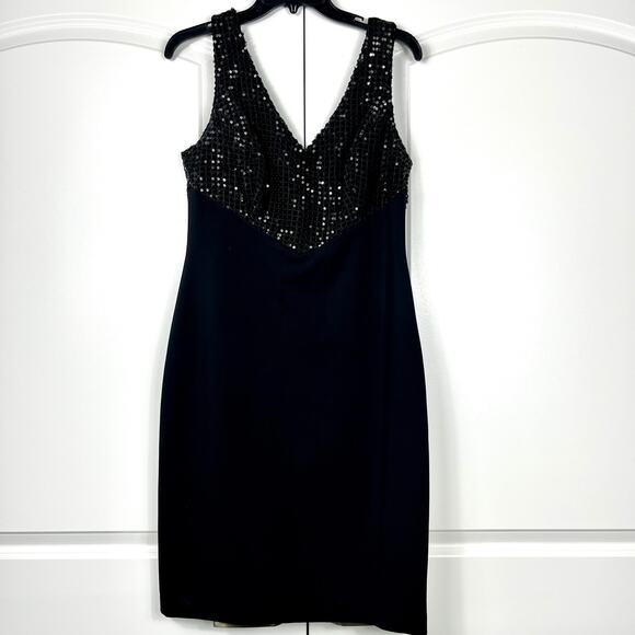 LAUREN Ralph Lauren Sheath Dress Black Sequin Embellished VNeck Sleeveless SZ 8 - Picture 1 of 13